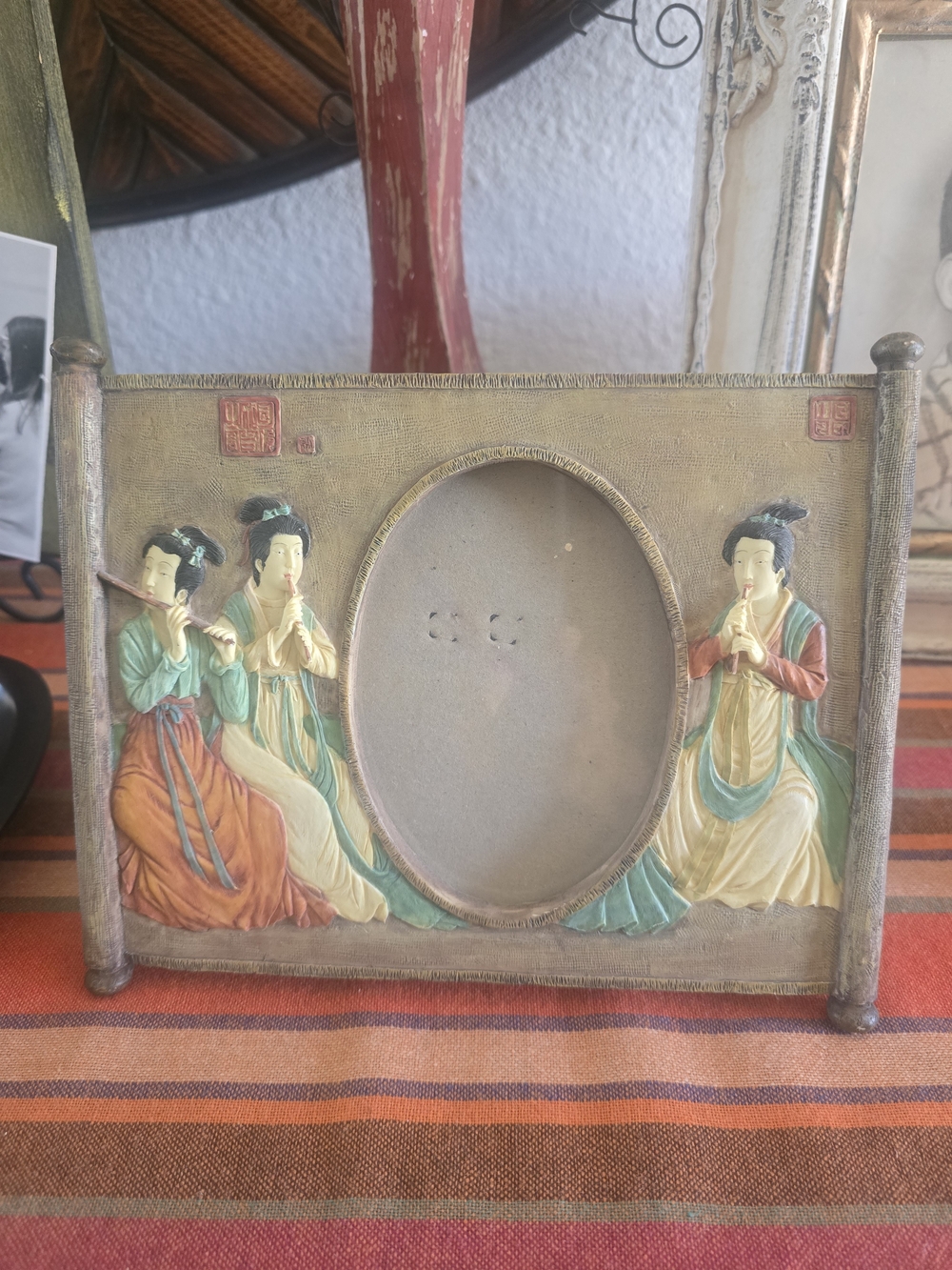 Decorative Ceramic Framed Plaque with Geisha Relief - Multicolor